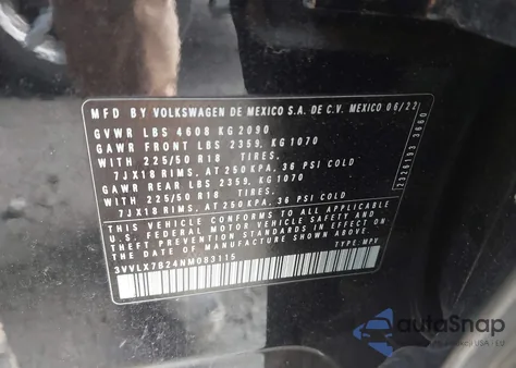 2022 Volkswagen Taos 1.5T Se из США, поврежденный, VIN 3VVLX7B24NM083115